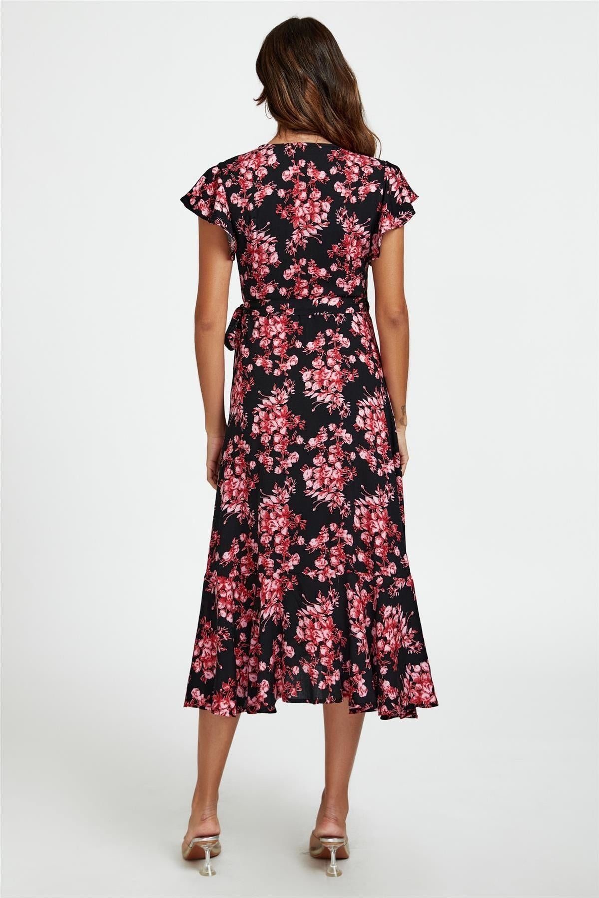 Pink Floral Frill Sleeve Midi Wrap Dress In Black FS411-BlackPink
