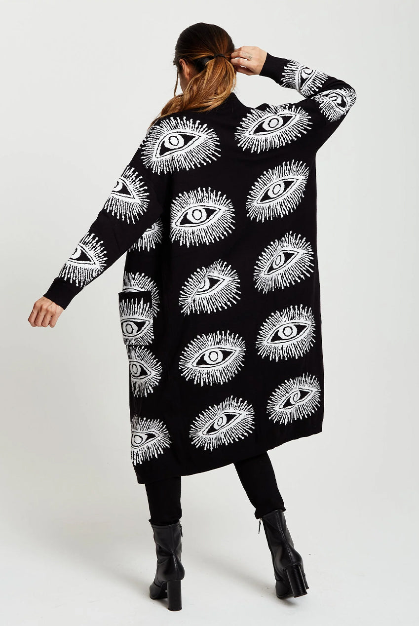 Longline Black Cardigan With Eye Pattern A7-126-LIQ23KN001