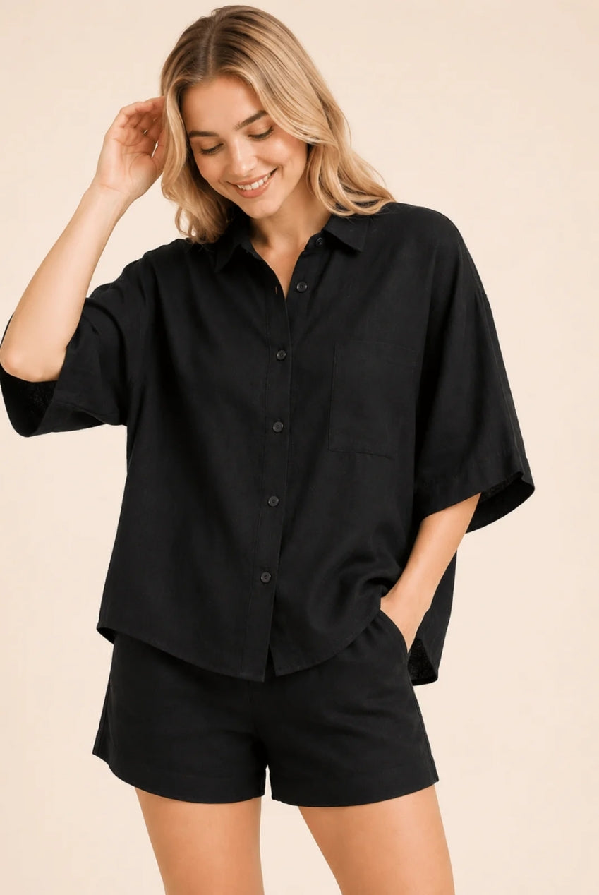 Black Textured Linen Look Elasticated Waist Shorts Co-Ord AV-IMD2907SH