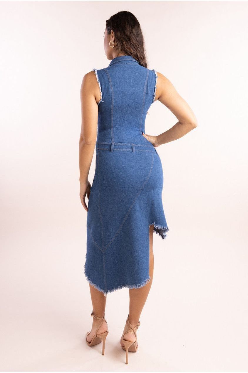 Denim Frayed Asymmetric Sleeveless Midaxi Shirt Dress - Blue Denim DR4130