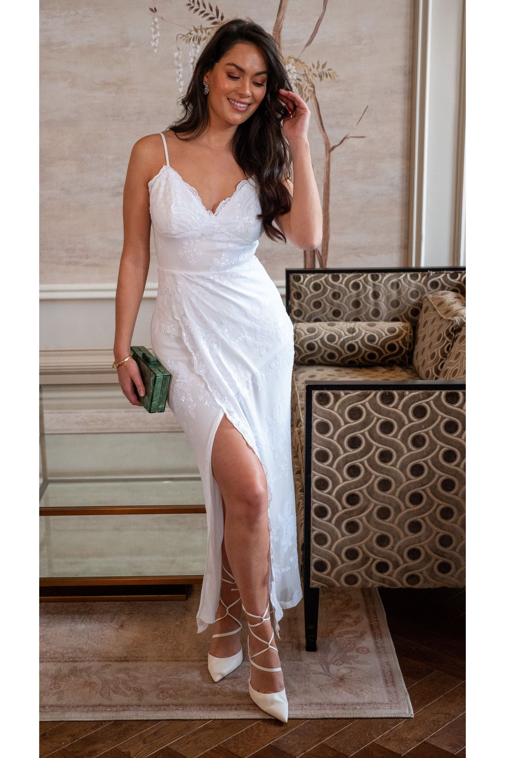 Sequin Two Layer Maxi Dress In White DML011