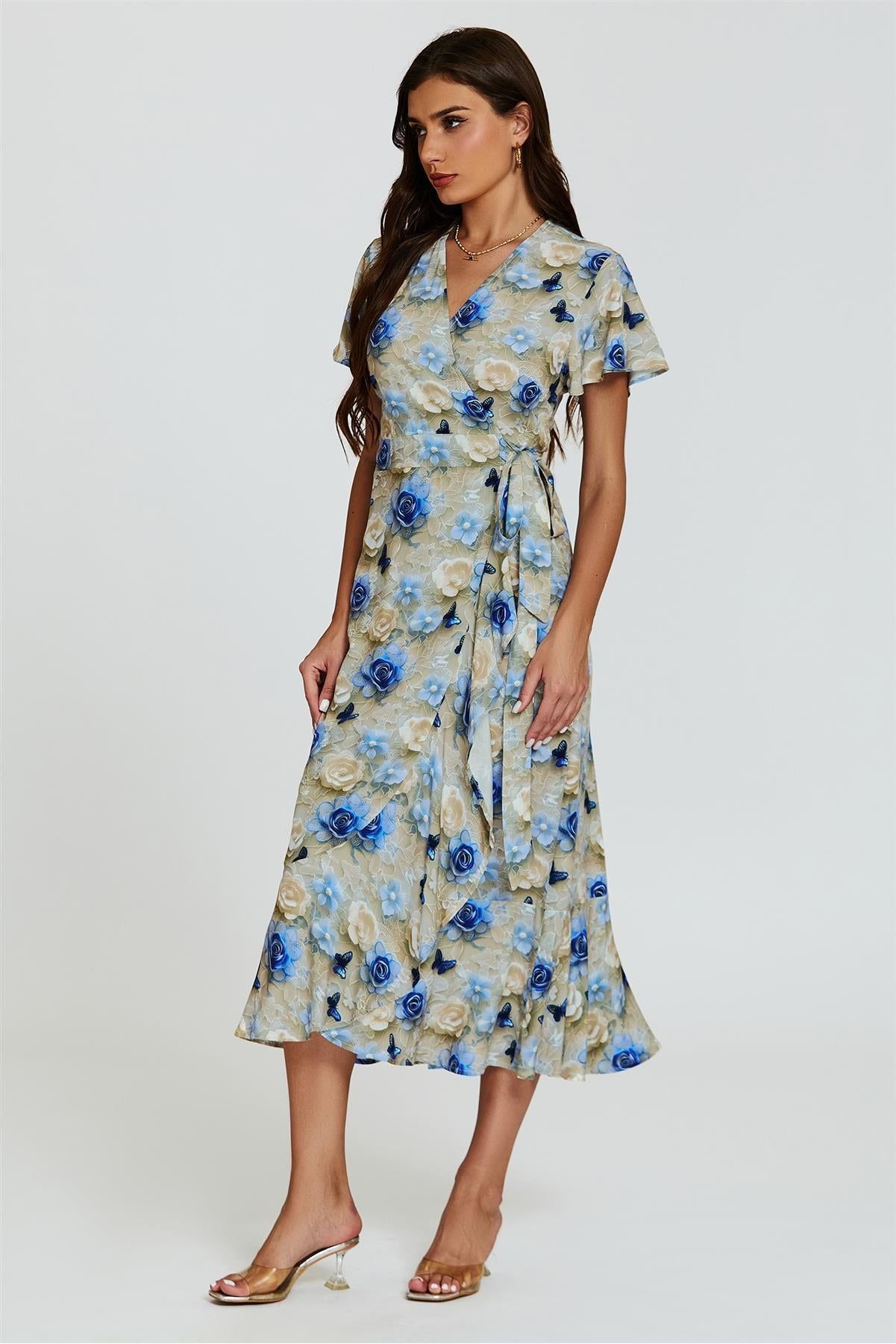 Floral Print Wrap Hem Midi Dress In Beige FS21164-TDB