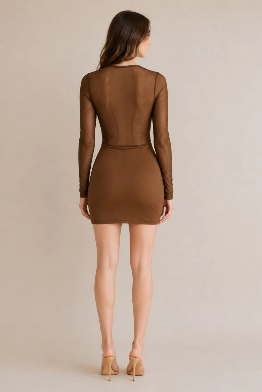 Chocolate Lace Corset Mesh Sleeve Bodycon Mini Dress – Luxe Edition AV-6133