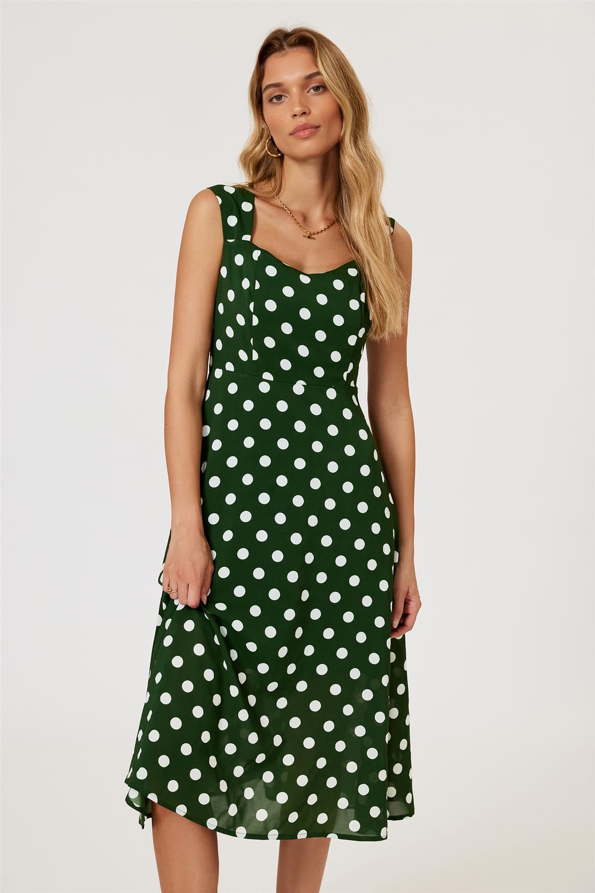 Polka Dot Print Heart Neck Midi Green FS887