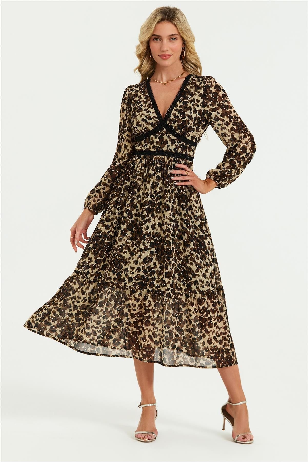 Leopard Print Foil Lace Trim Long Sleeve Maxi Dress In Brown FS565-LLFB