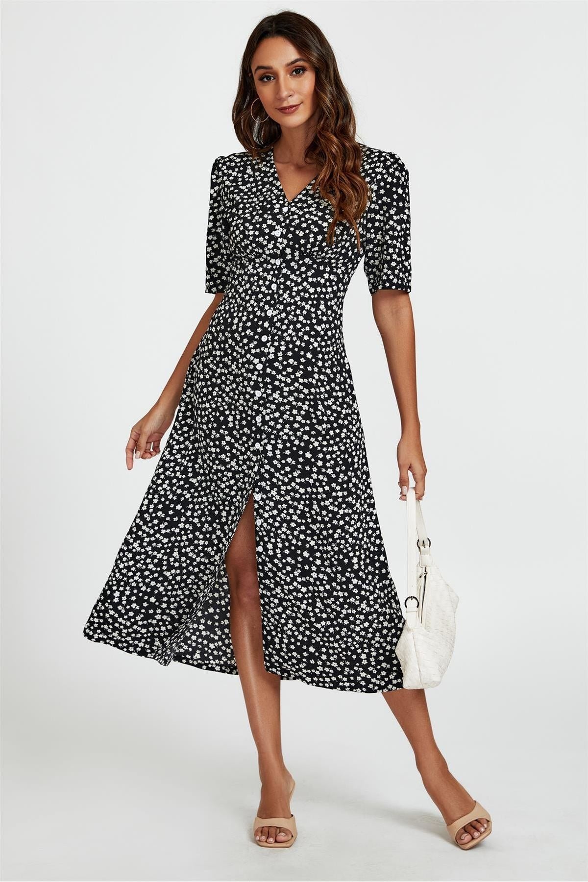 Little Floral Print Button Front Midi Dress In Black FS707-BlackFloral