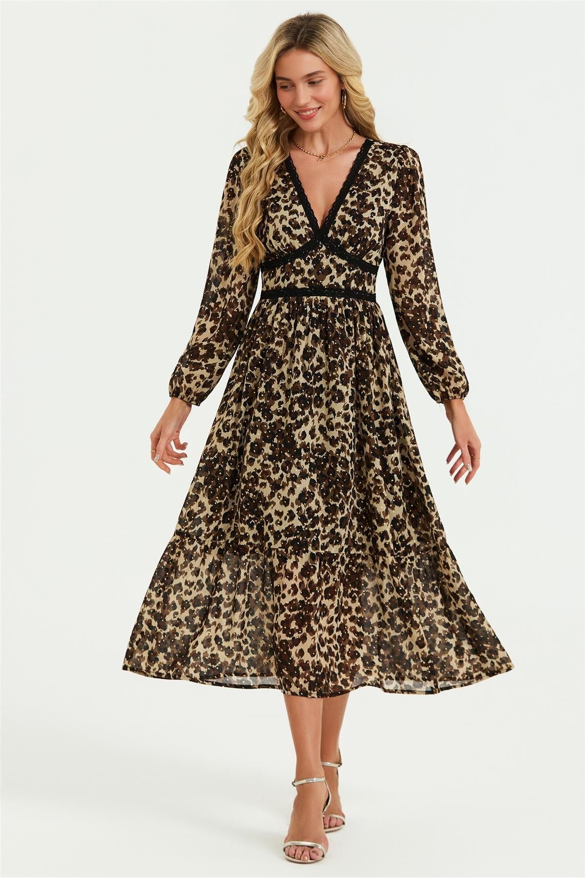 Leopard Print Foil Lace Trim Long Sleeve Maxi Dress In Brown FS565-LLFB