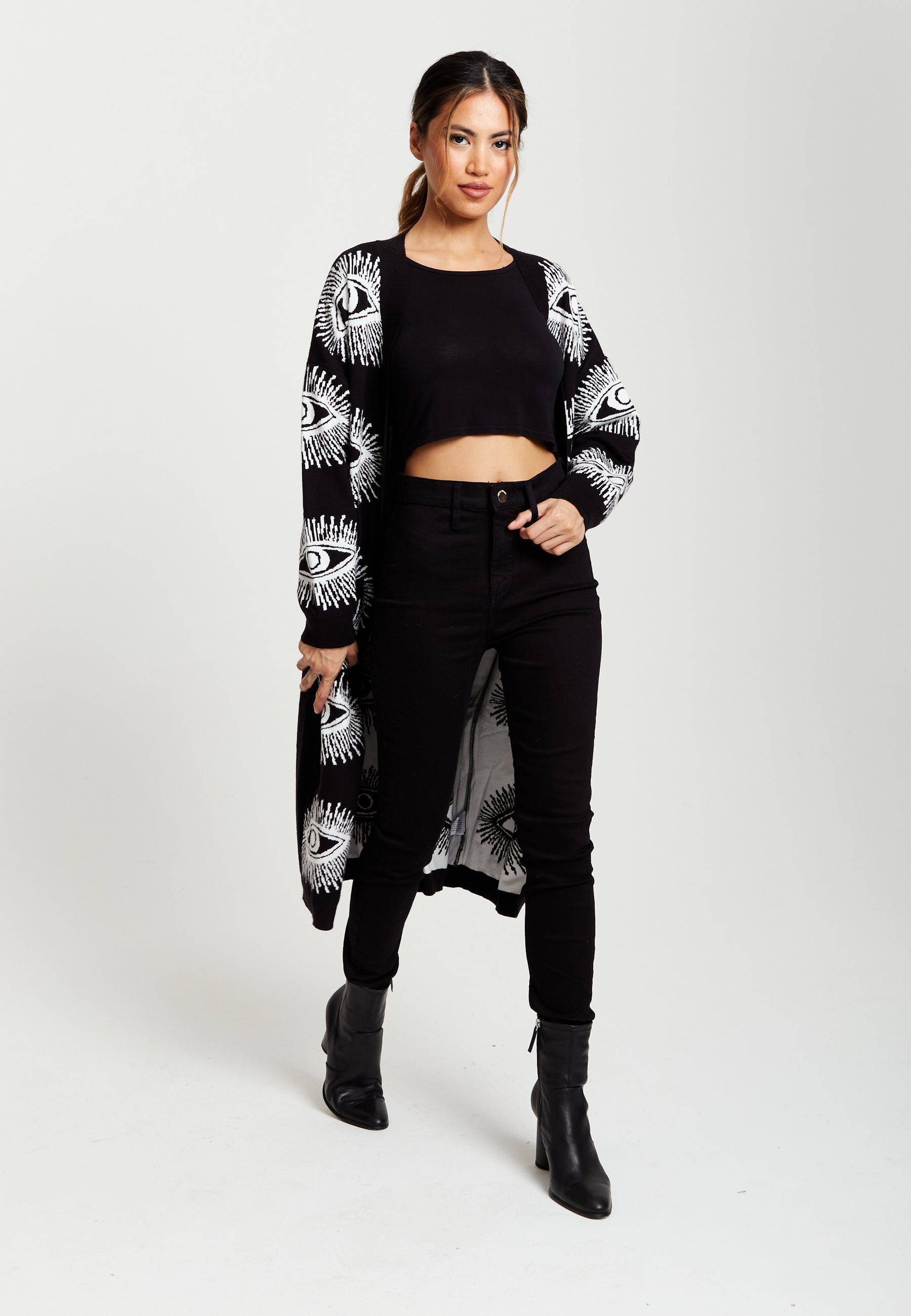 Longline Black Cardigan With Eye Pattern A7-126-LIQ23KN001