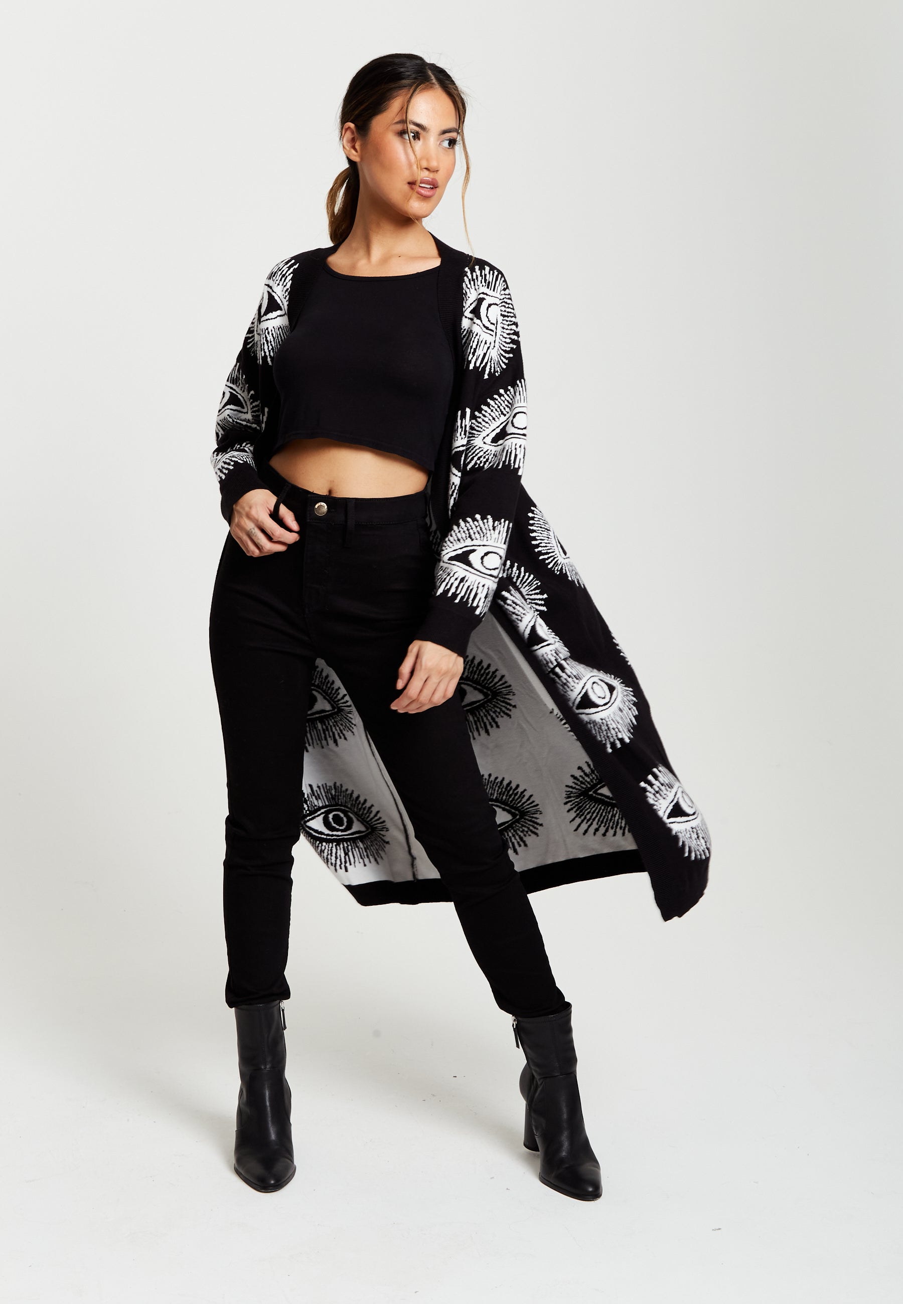 Longline Black Cardigan With Eye Pattern A7-126-LIQ23KN001