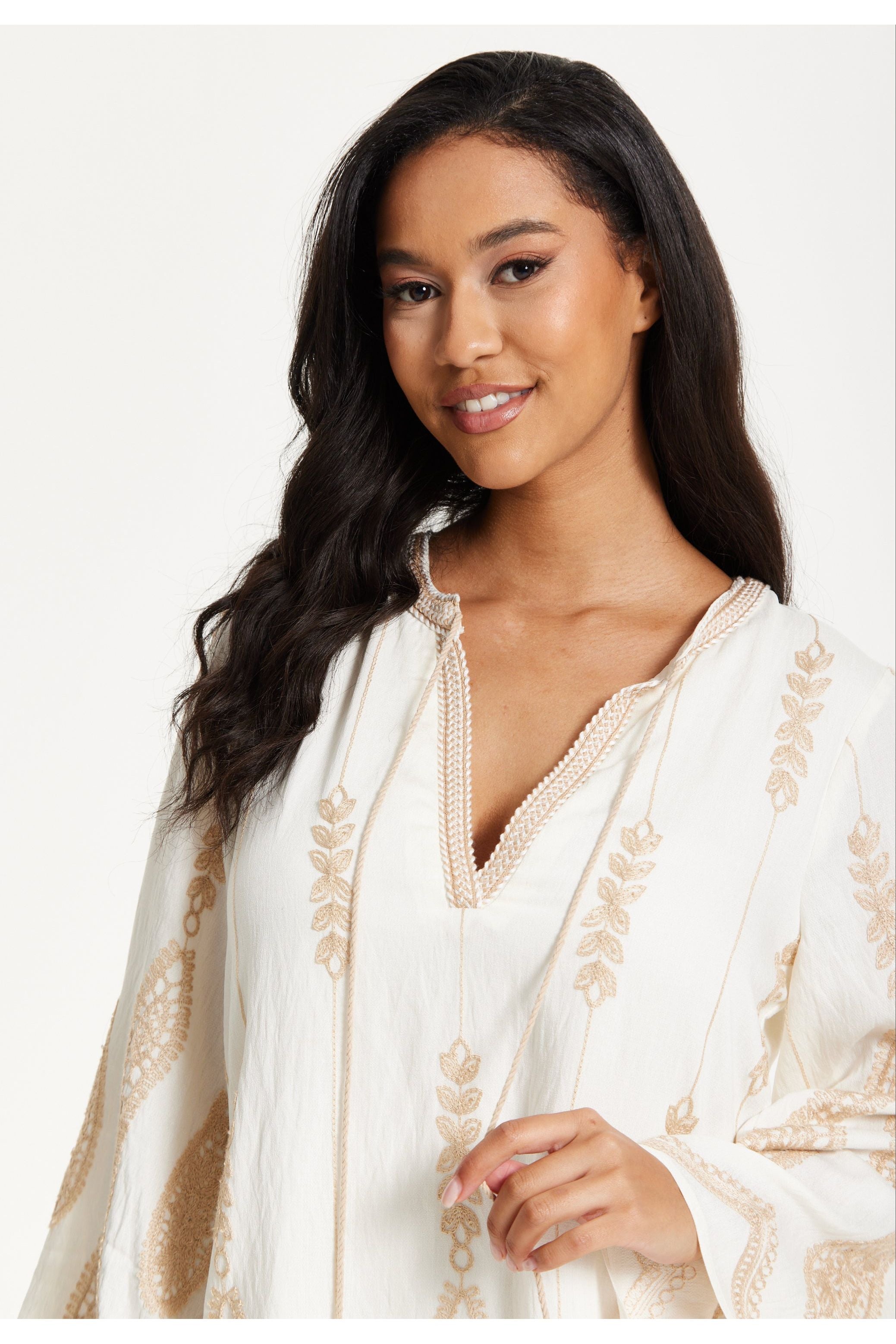 Ivory Embroidered Long Sleeve Dress 25SS8815002