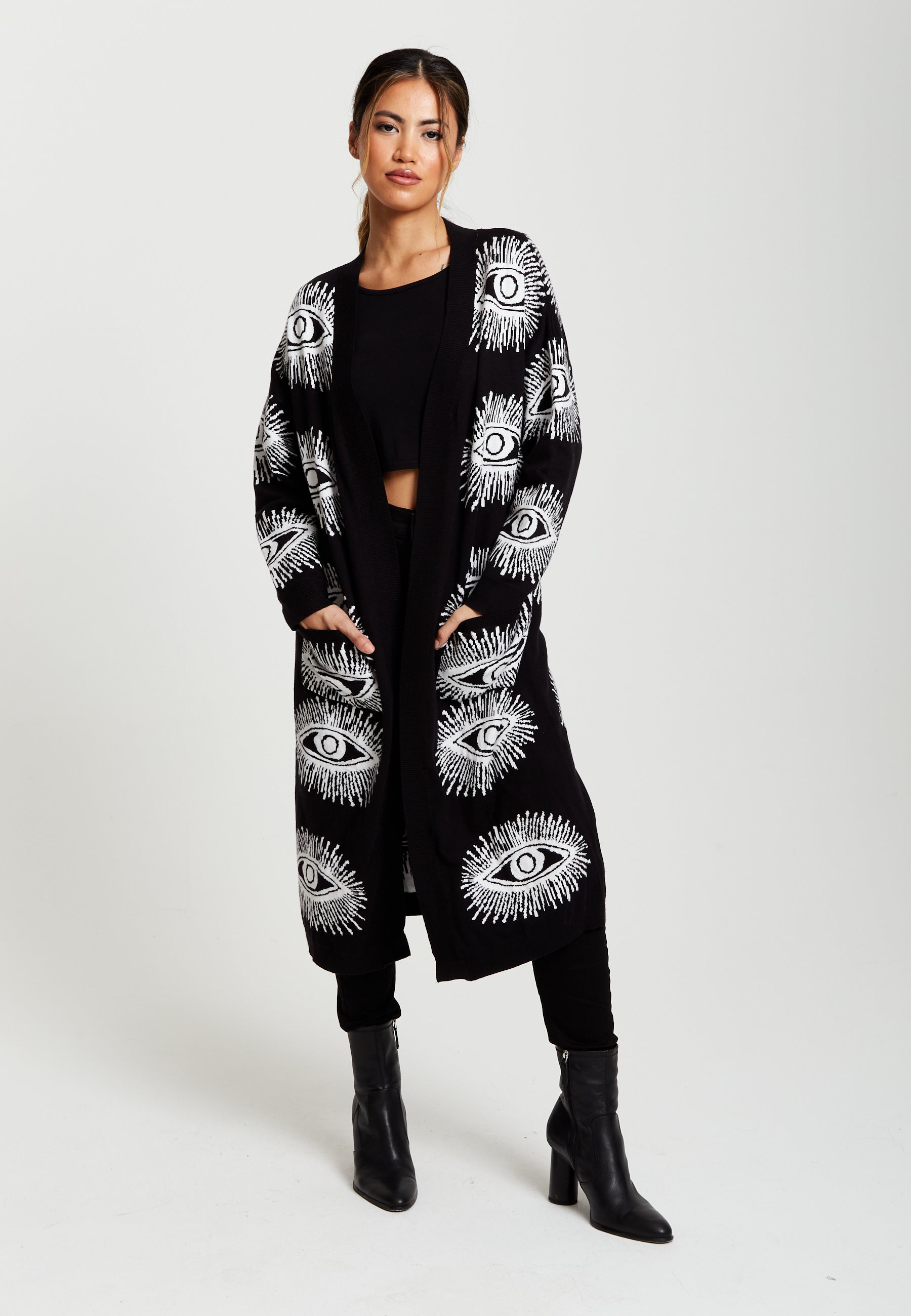 Longline Black Cardigan With Eye Pattern A7-126-LIQ23KN001