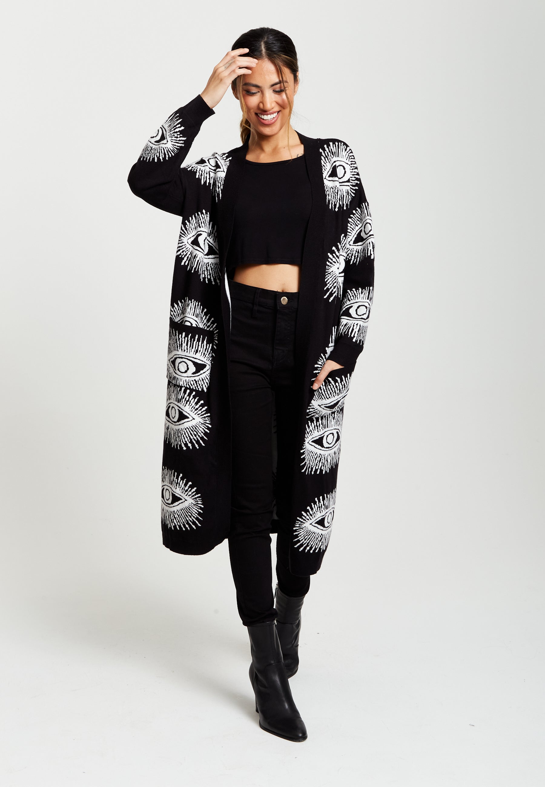 Longline Black Cardigan With Eye Pattern A7-126-LIQ23KN001