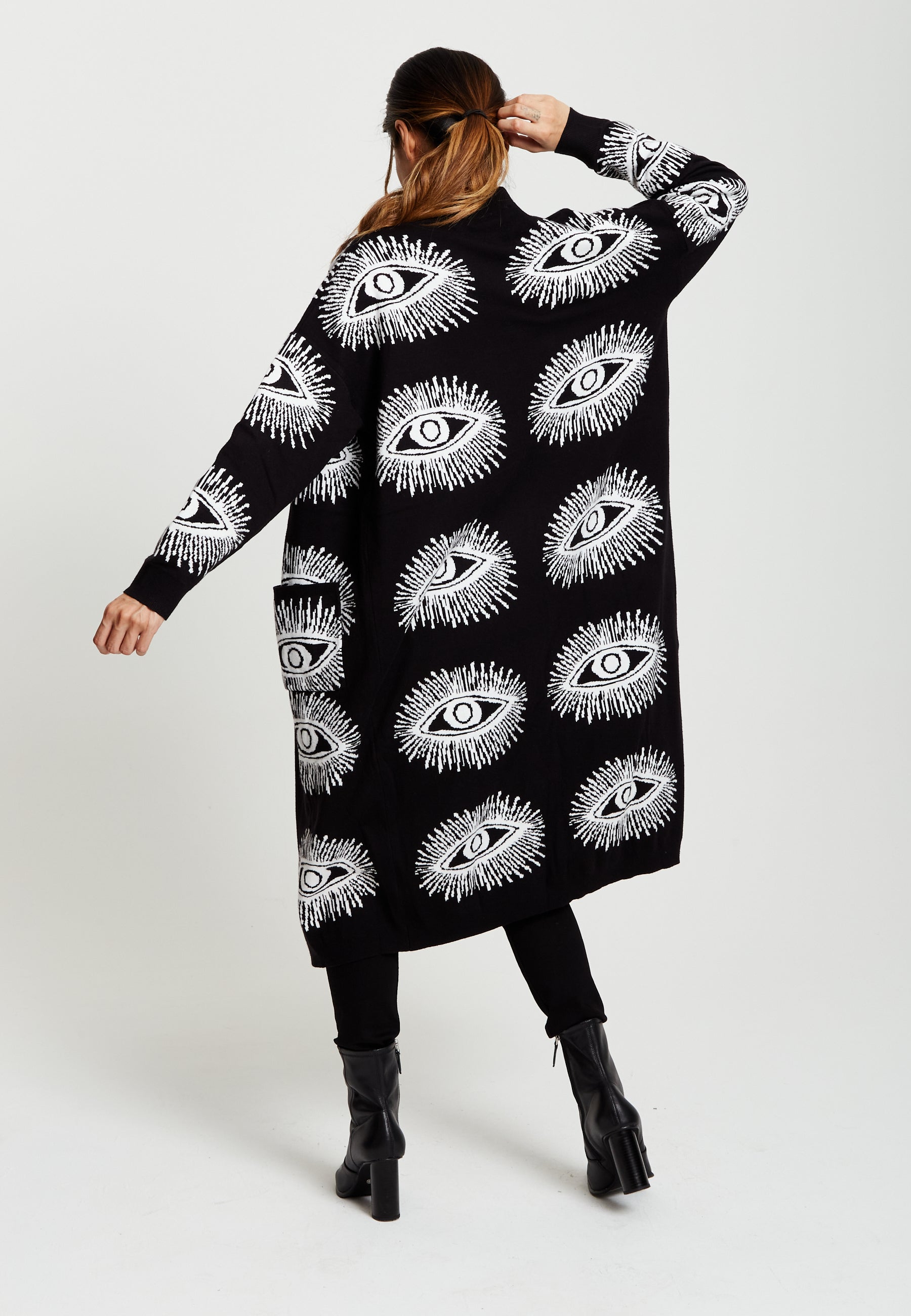Longline Black Cardigan With Eye Pattern A7-126-LIQ23KN001