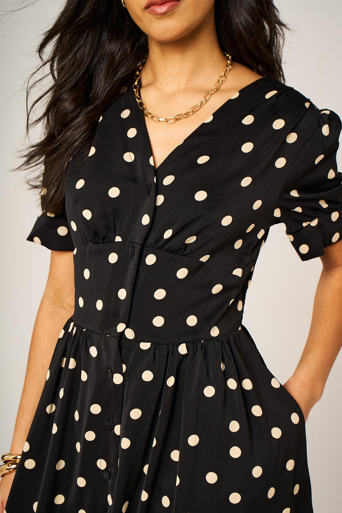 Dot Print Button Front Midi Dress In Black With Puff Sleeves FS931-BBD