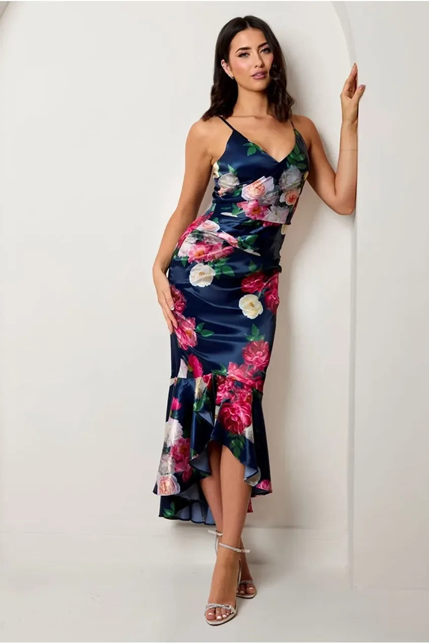 Sleeveless Floral Print Ruffle Hem Midi Dress In Navy 1630BNB