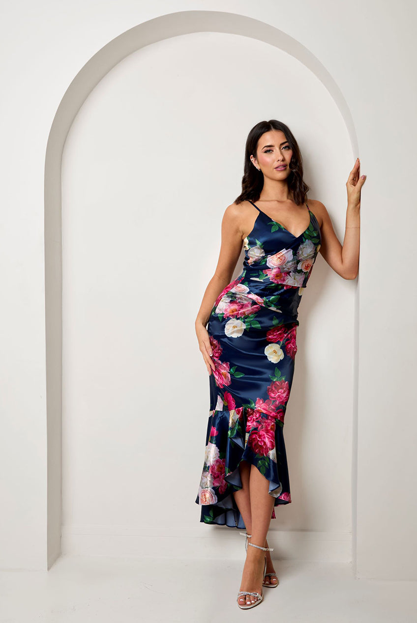 Sleeveless Floral Print Ruffle Hem Midi Dress In Navy 1630BNB