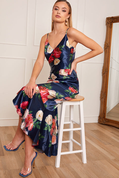 Petite Sleeveless Floral Print Ruffle Hem Midi Dress In Navy by Chi Chi