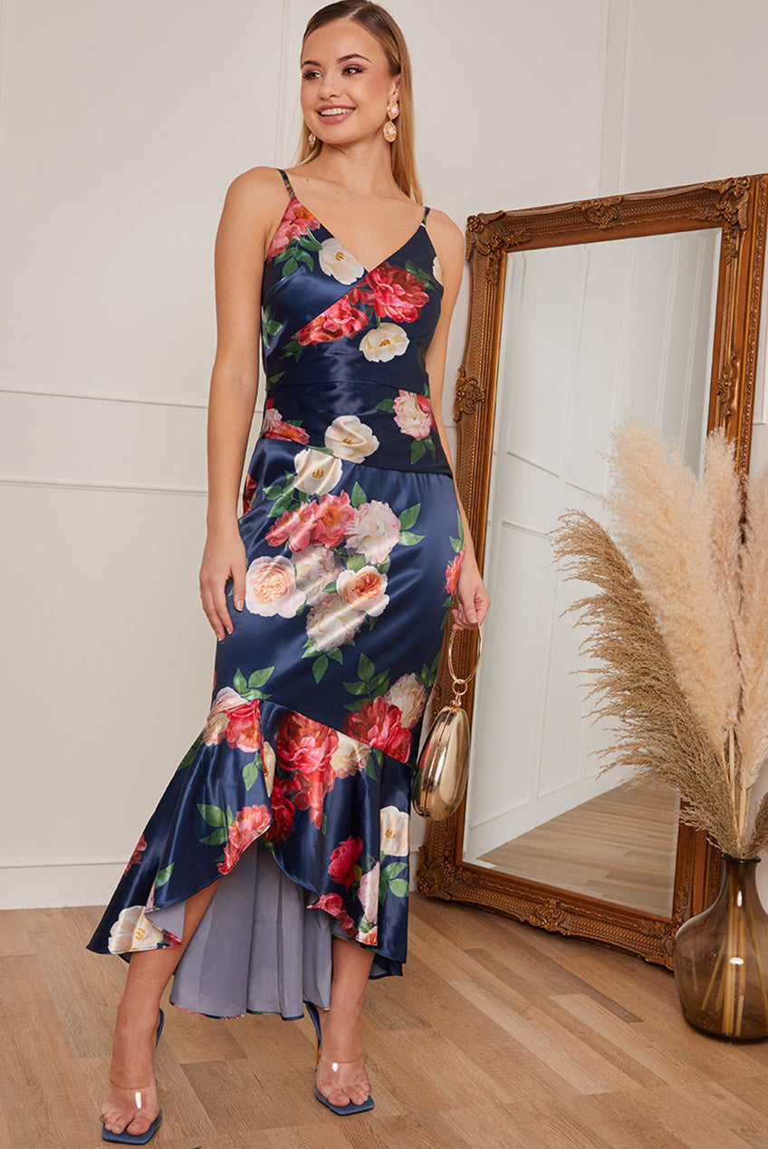 Petite Sleeveless Floral Print Ruffle Hem Midi Dress In Navy 1630PBNB