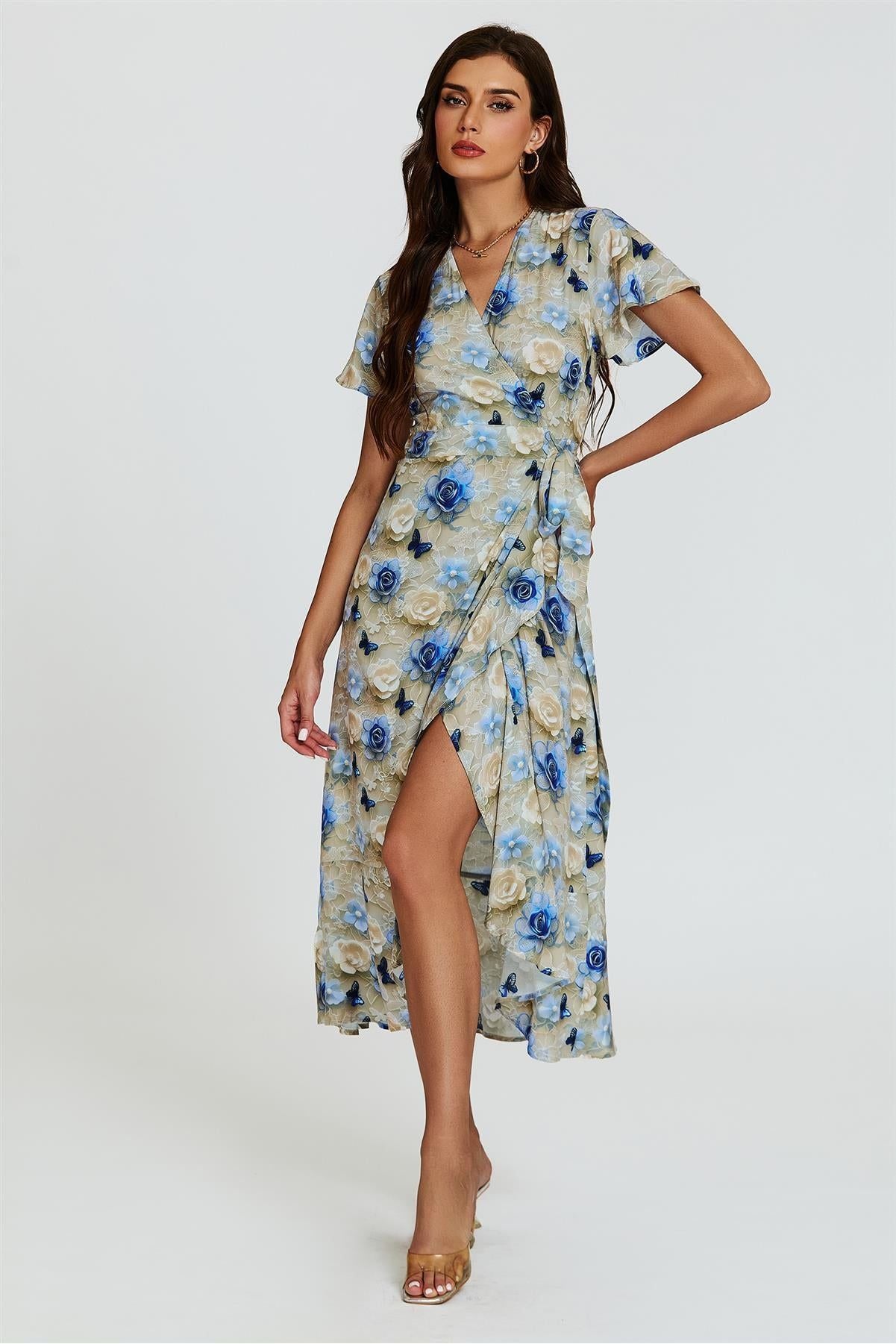 Floral Print Wrap Hem Midi Dress In Beige FS21164-TDB