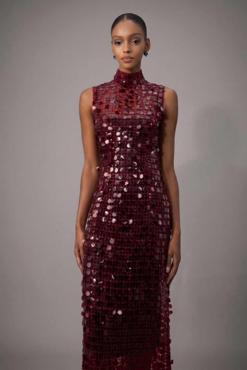 Burgundy Sequin High Neck Maxi Dress R2512HB014