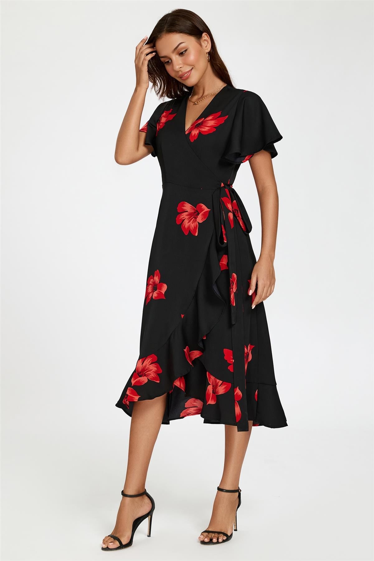 Floral Print Angel Sleeve Wrap Dress In Black FS524-BlackRed