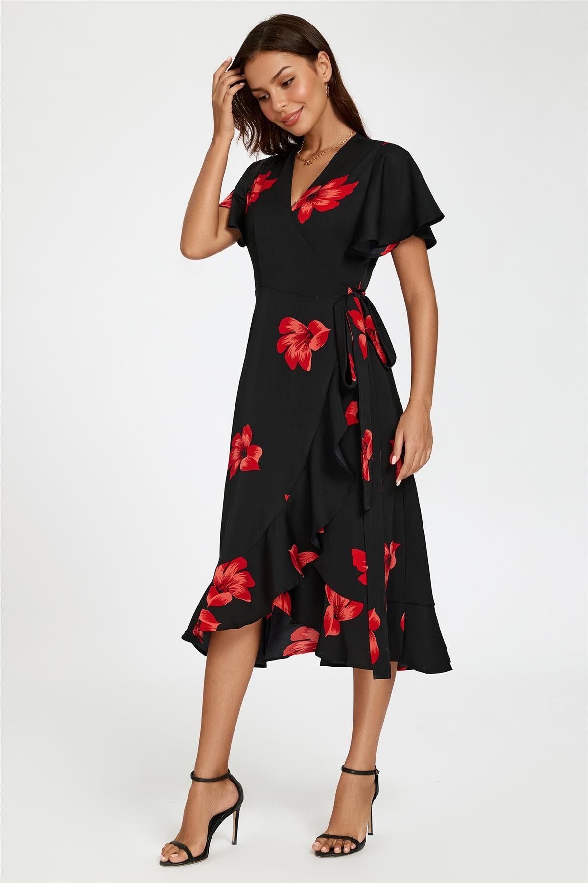 Floral Print Angel Sleeve Wrap Dress In Black FS524-BlackRed