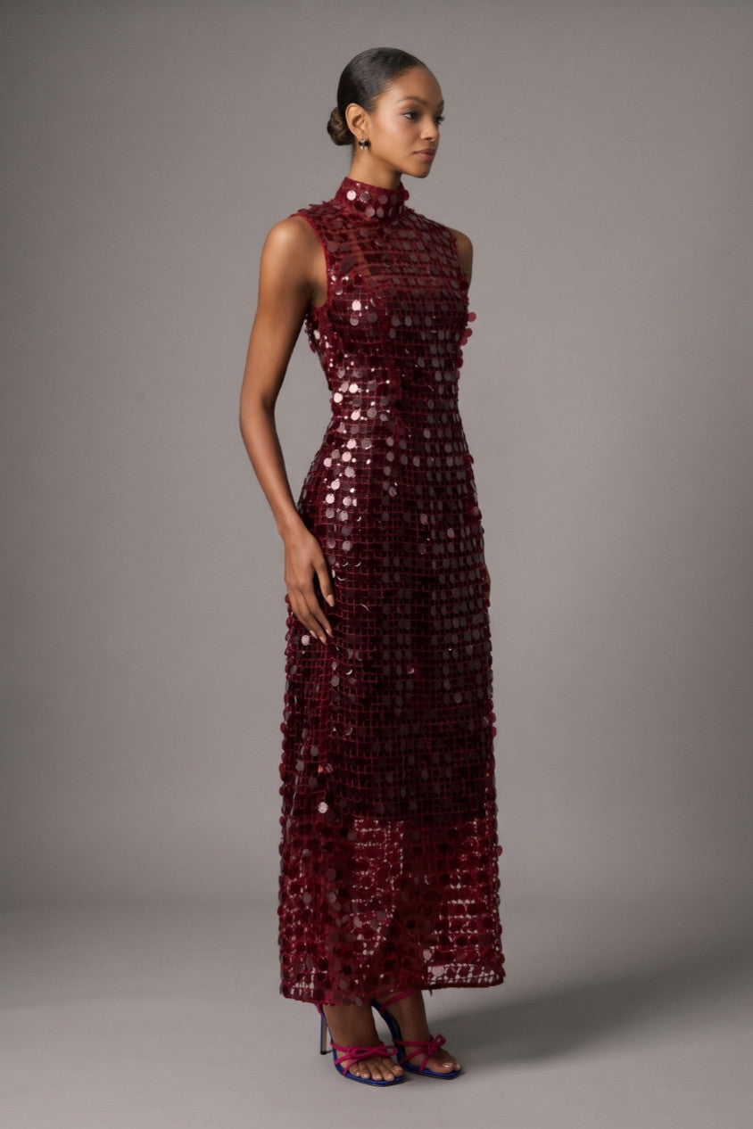 Burgundy Sequin High Neck Maxi Dress R2512HB014