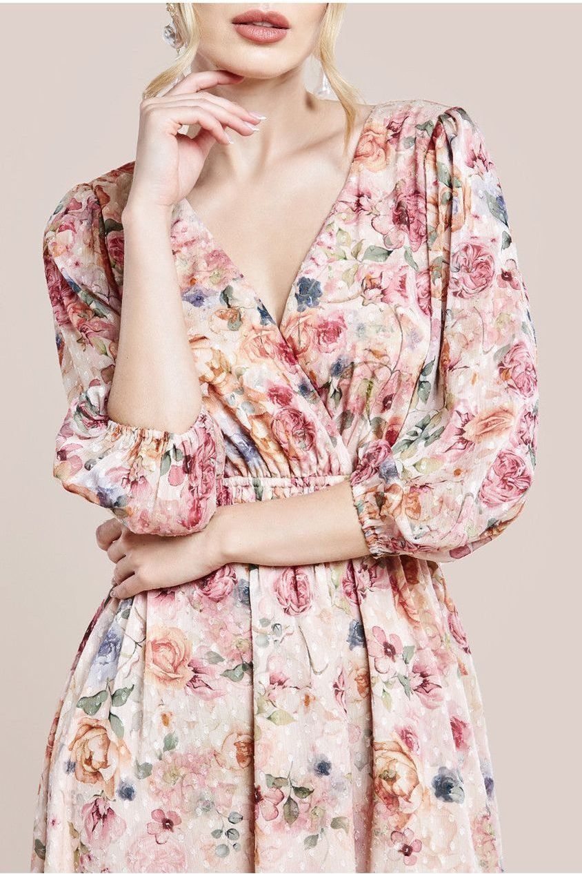 Ombre Floral Printed Wrap Midi Dress - Ivory DR4349