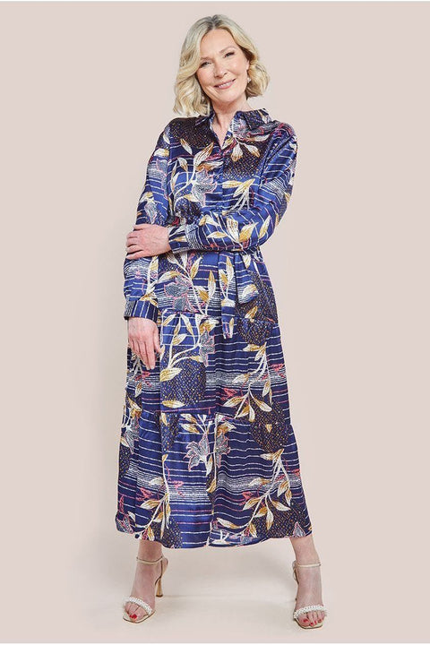Printed Tiered Shirt Midi Dress - Navy by Goddiva