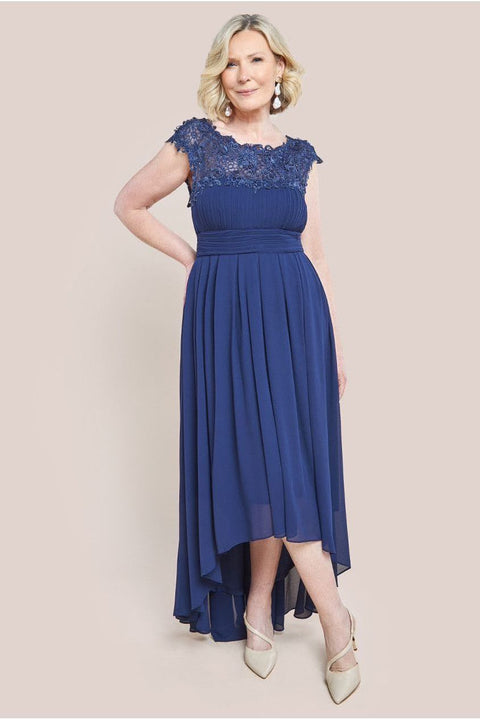 Crochet & Pleated Top High Low Maxi Dress - Navy by Goddiva