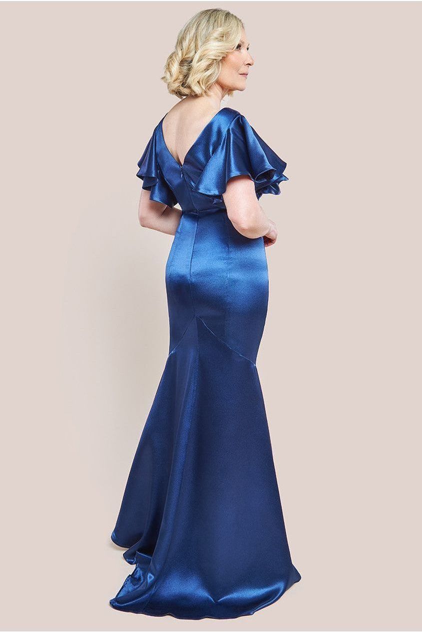 Satin Flutter Sleeve Mermaid Maxi Dress - Navy DR3954M