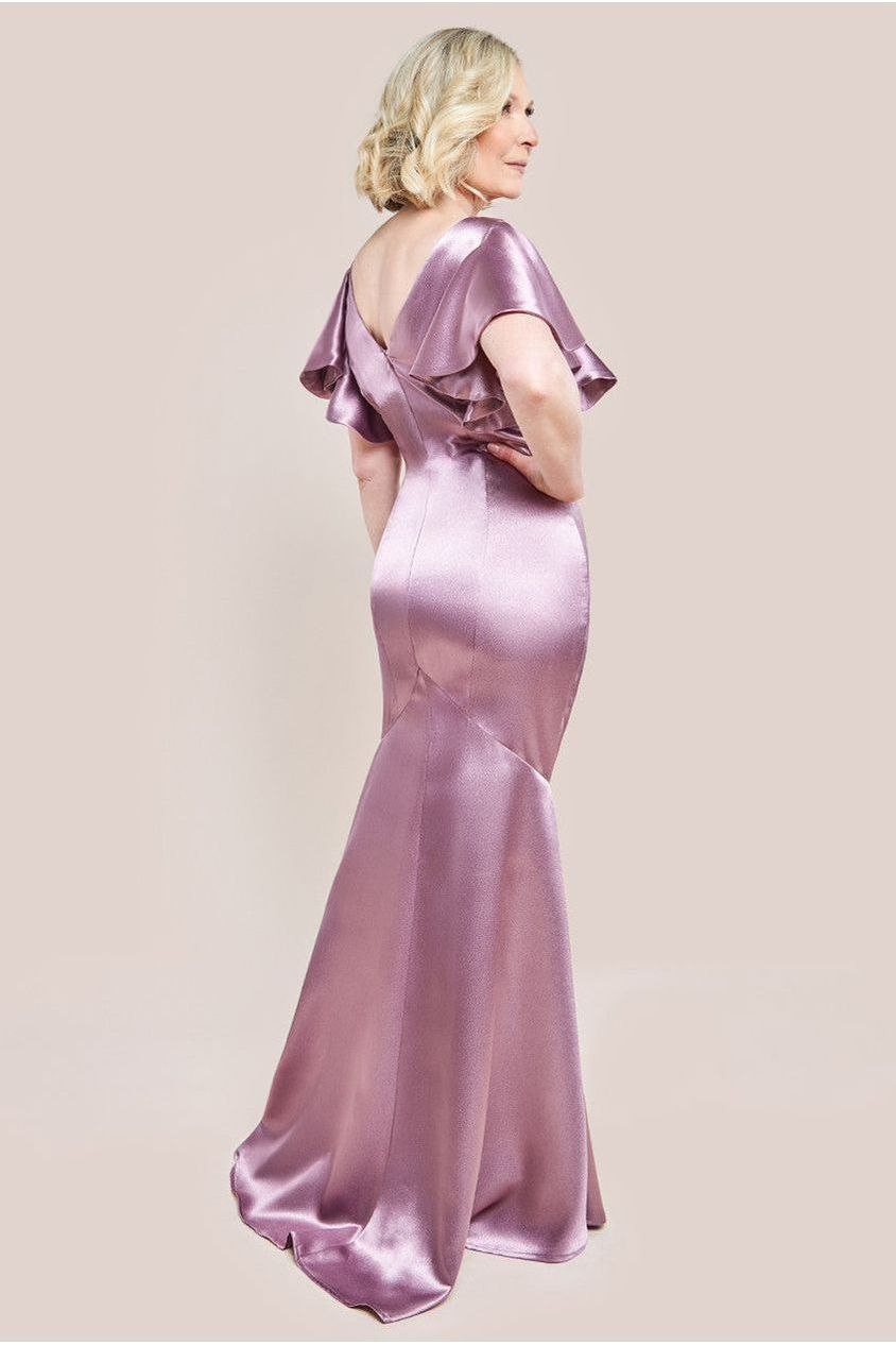 Satin Flutter Sleeve Mermaid Maxi Dress - Rose Pink DR3954M