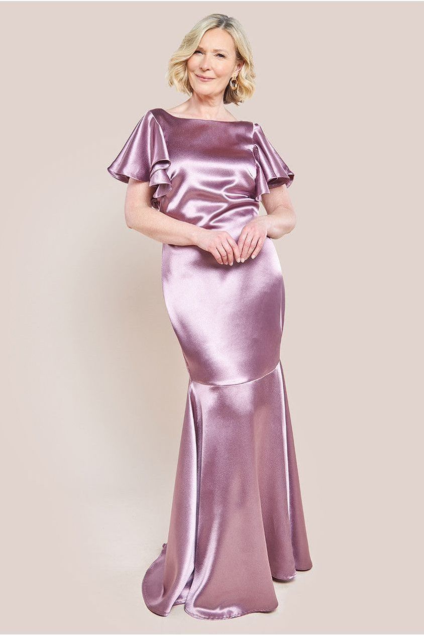 Satin Flutter Sleeve Mermaid Maxi Dress - Rose Pink DR3954M