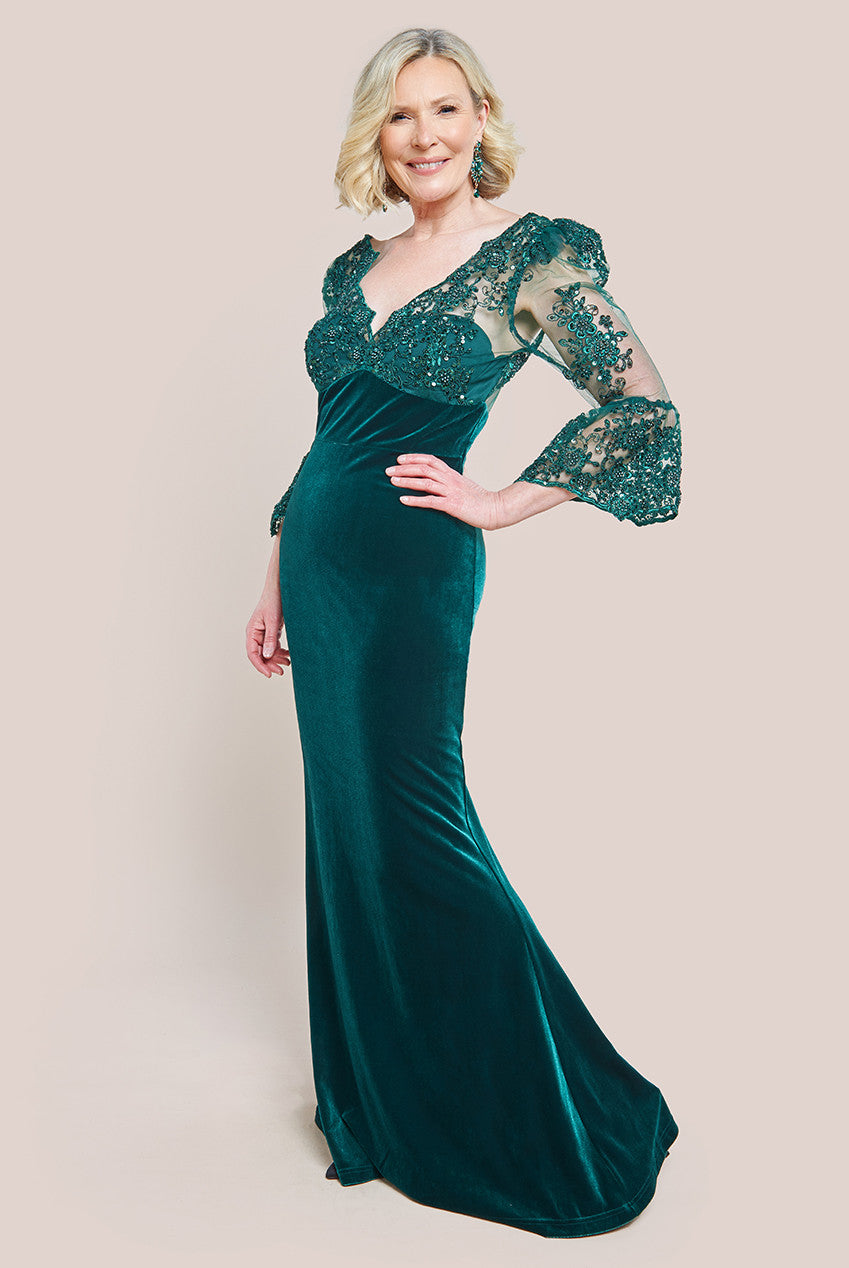 Scalloped Lace & Velvet Maxi Dress - Emerald Green DR3972M
