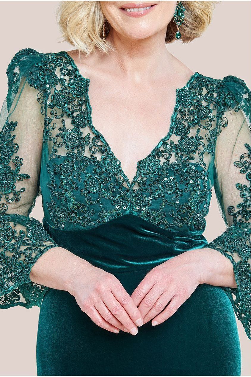 Scalloped Lace & Velvet Maxi Dress - Emerald Green DR3972M