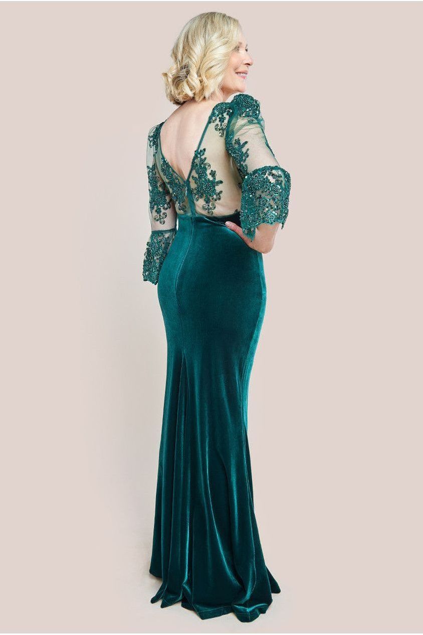 Scalloped Lace & Velvet Maxi Dress - Emerald Green DR3972M