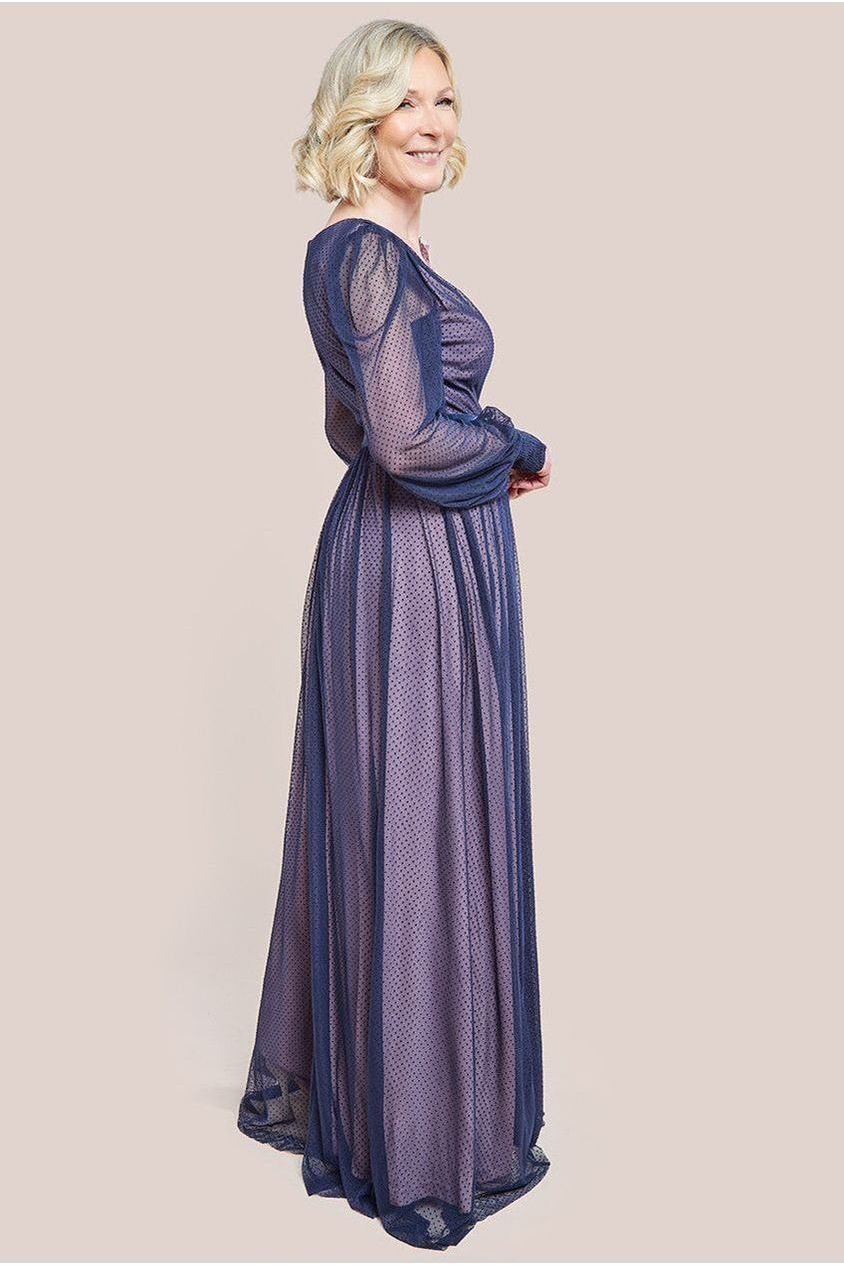 Corsage V-Neck Dobby Mesh Maxi Dress - Blue DR4001M