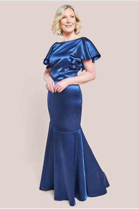 Satin Flutter Sleeve Mermaid Maxi Dress - Navy by Goddiva