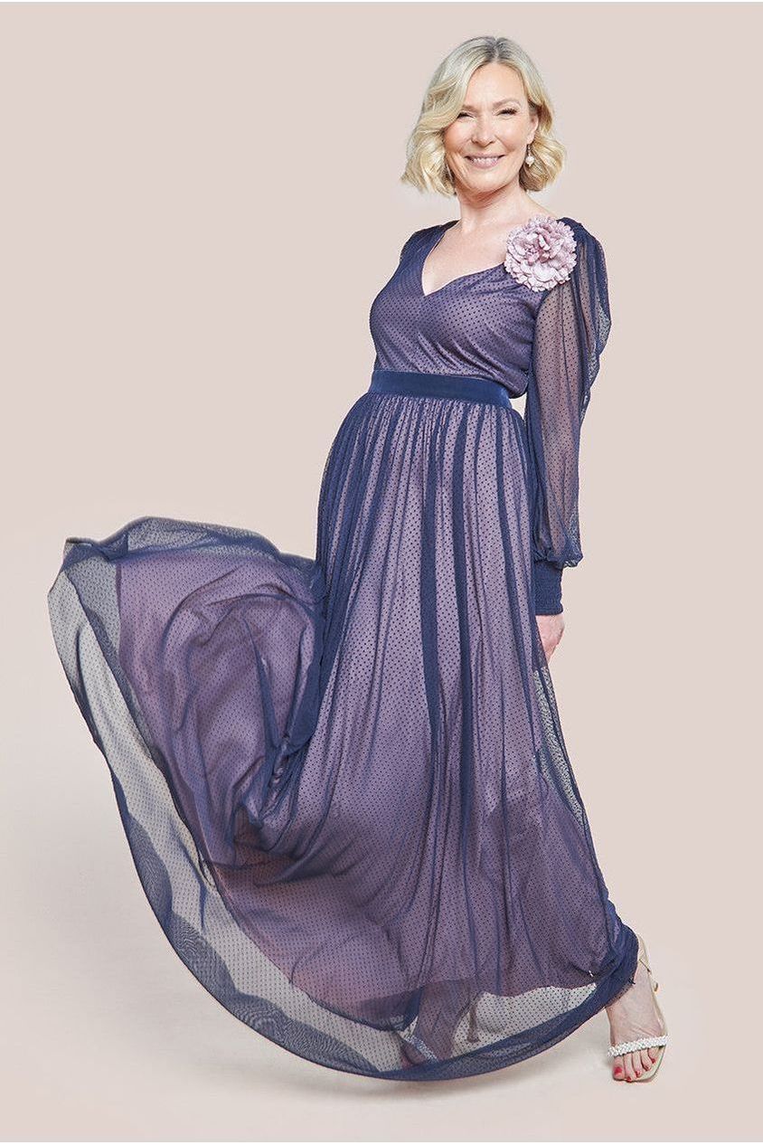 Corsage V-Neck Dobby Mesh Maxi Dress - Blue DR4001M
