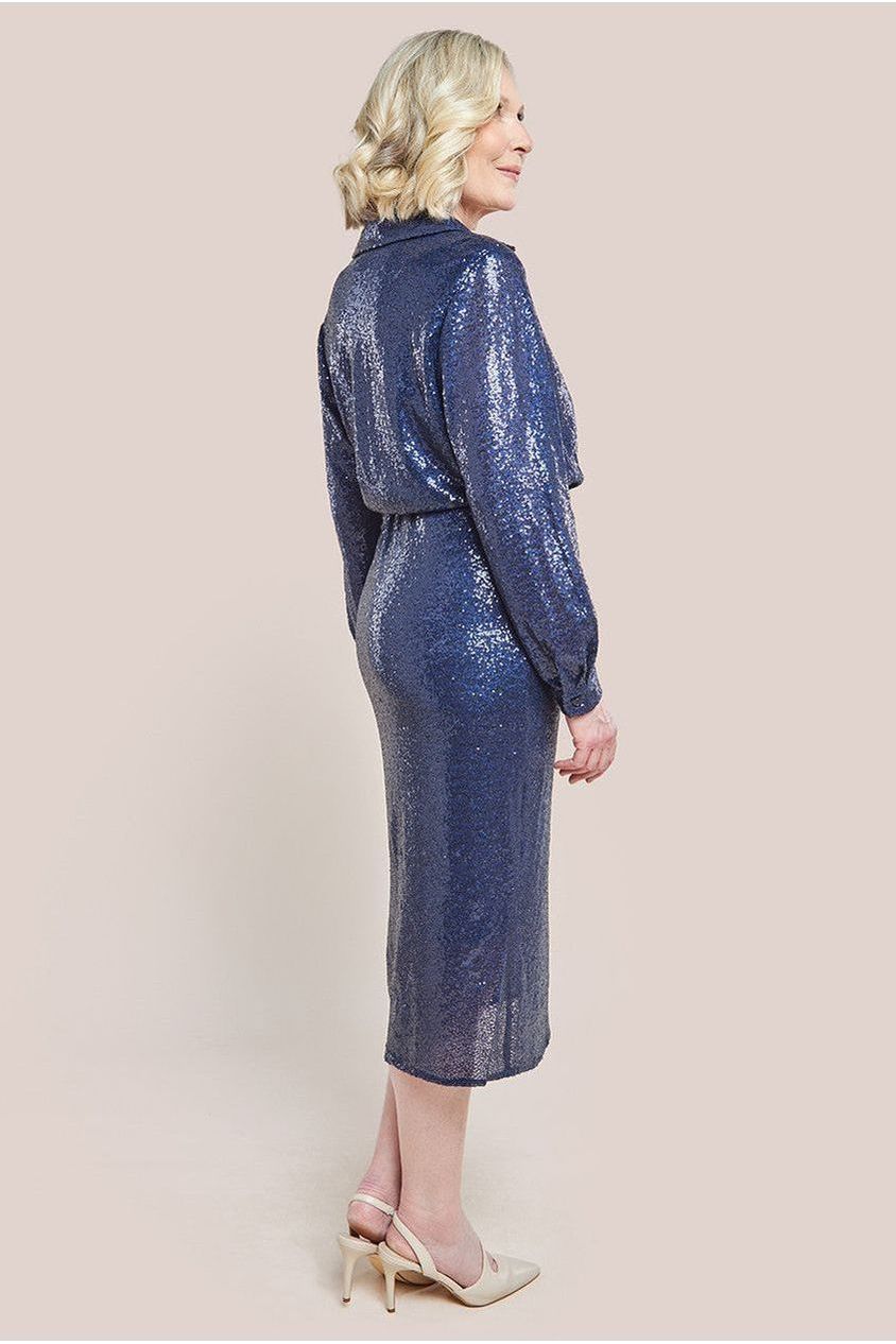 Sequin Front Split Shirt Dress - Navy DR4034M