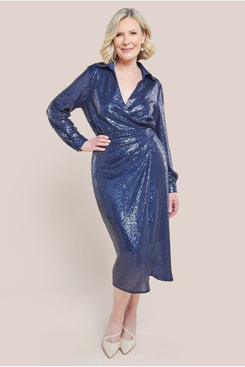Sequin Front Split Shirt Dress - Navy by Goddiva
