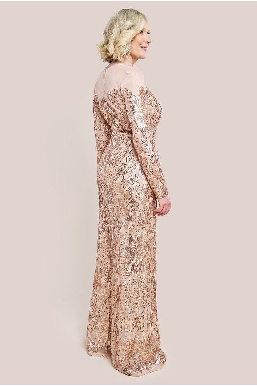 Floral Sequin Mesh Maxi Dress - Champagne DR4041M