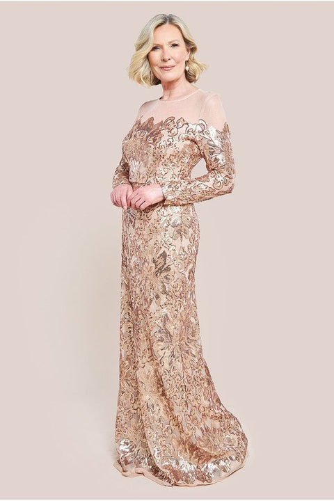 Floral Sequin Mesh Maxi Dress - Champagne by Goddiva