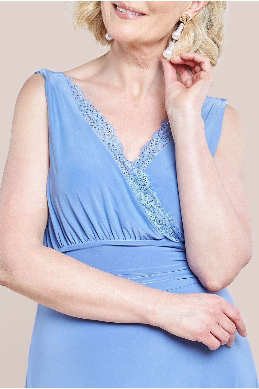 Diamante & Scalloped Lace Neck Maxi Dress - Corn Flower Blue DR4120M