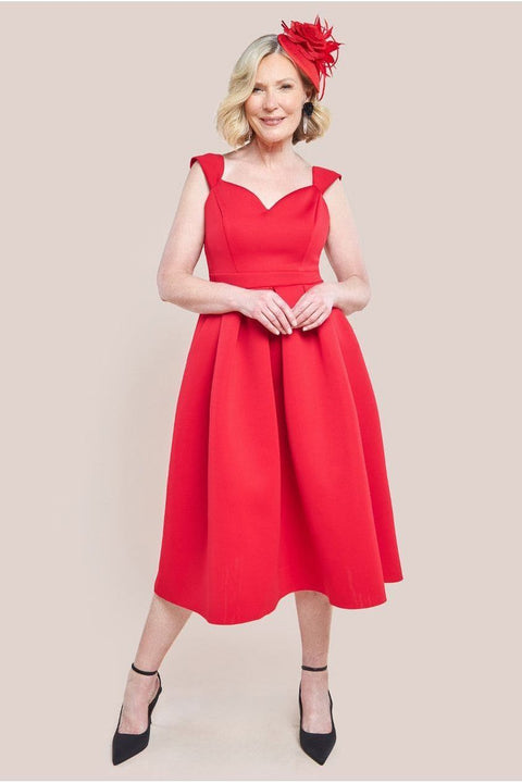 Scuba Foam Skater Midi Dress - Red by Goddiva