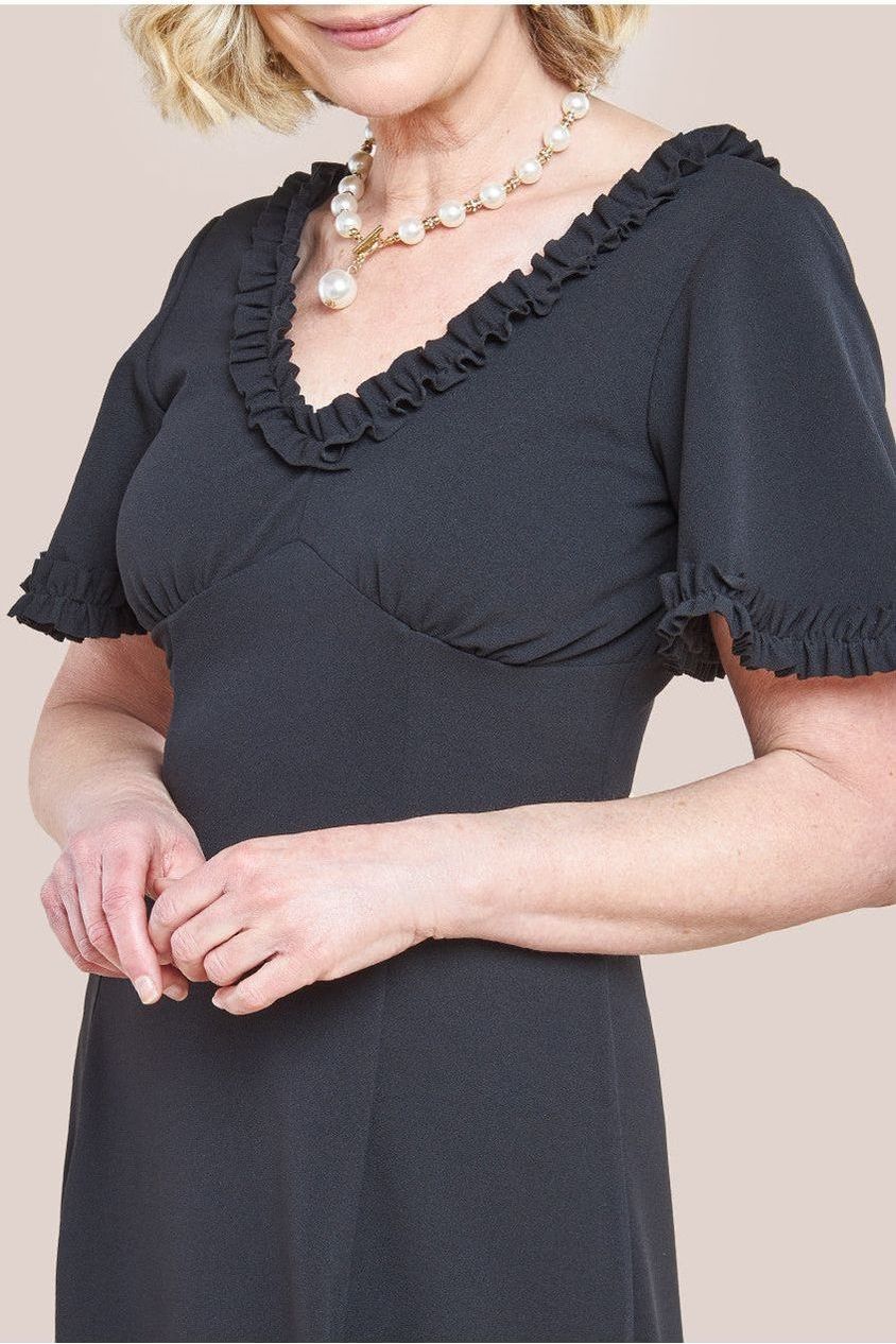 Flare Sleeve Frill Edge Midi Dress - Black DR4313M