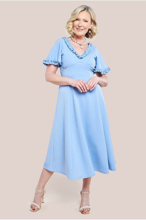 Flare Sleeve Frill Edge Midi Dress - Corn Flower Blue by Goddiva