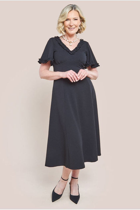 Flare Sleeve Frill Edge Midi Dress - Black by Goddiva
