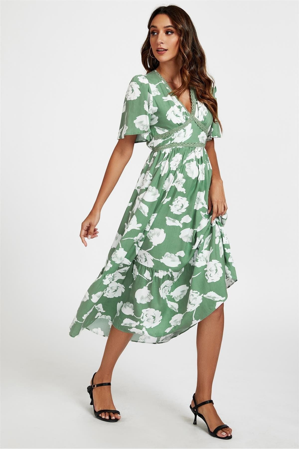 White Floral Print Lace Detail Angel Sleeve Midi Dress In Green FS661-GW
