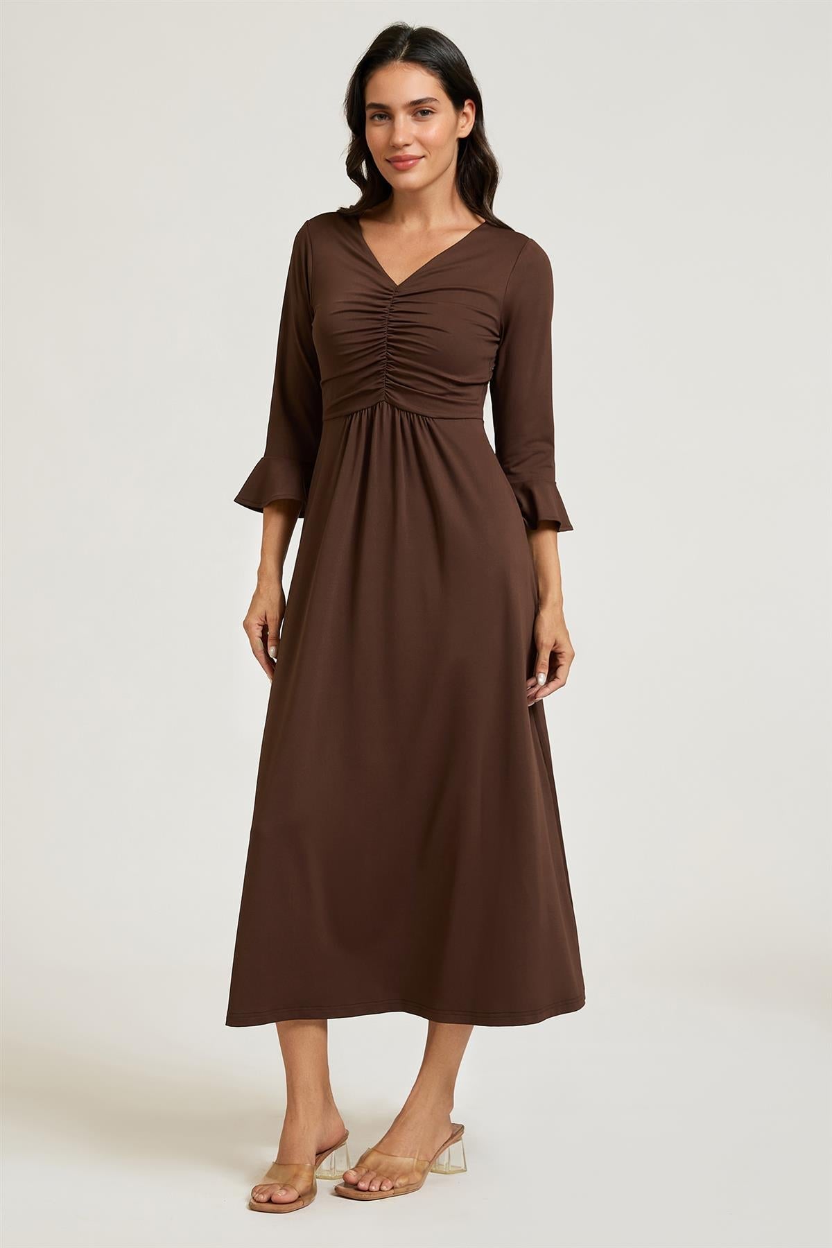 Fluted Sleeves Ruched Jersey Midi Dress In Brown FS992